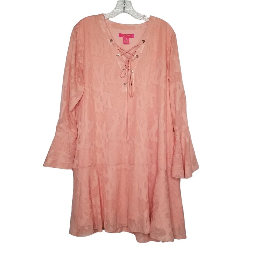 Catherine Malandrino Bell Sleeve Rose Pink Mini Dress Lace Front Boho Hippie XL